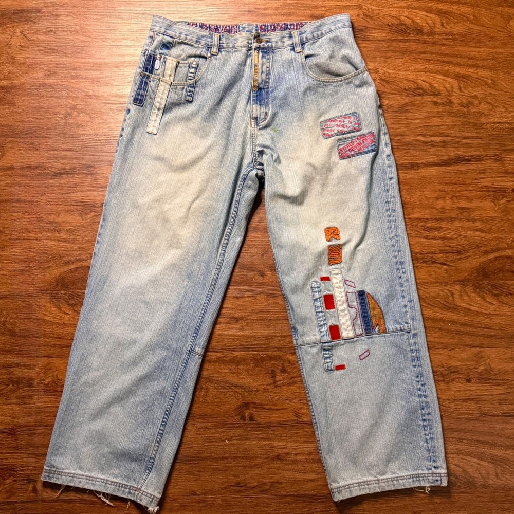 Pepe Jeans Gold Series Men 40 Light Blue Patchwork Embroidered Wide Leg Y2K Rare
